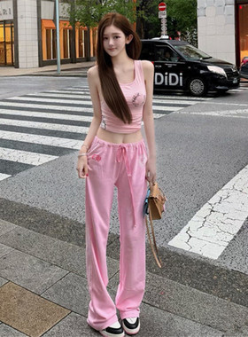 纸片人套装女夏季小众辣妹漫画背心抽绳爱心梵文印花休闲裤两件套