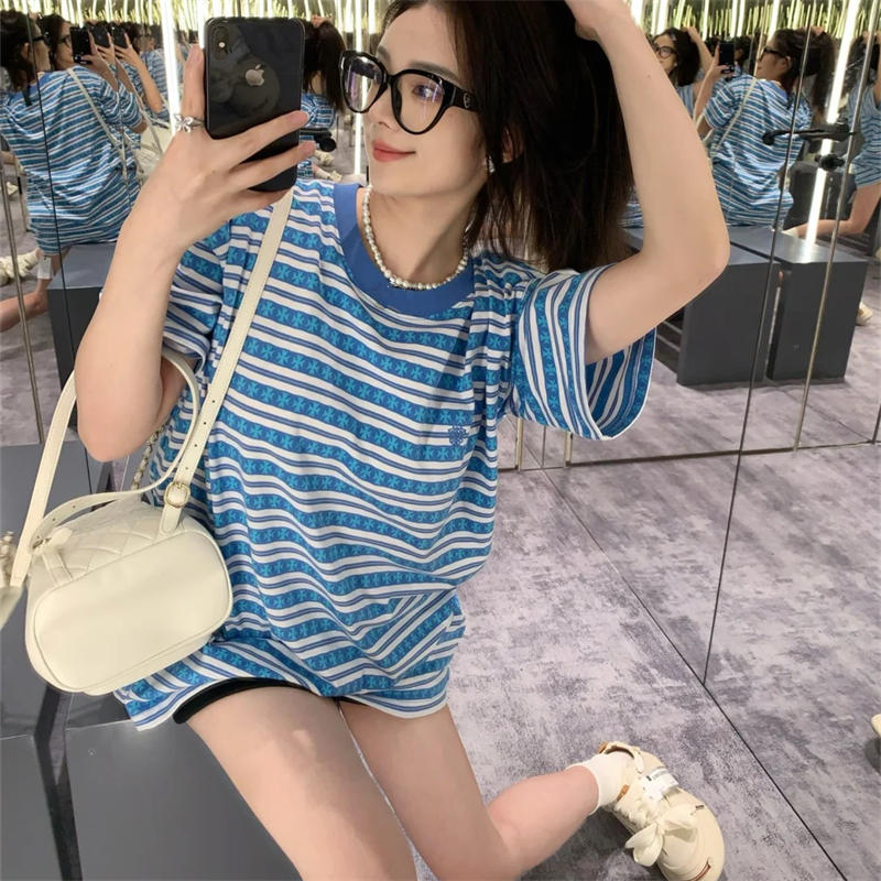 马蹄梵文刺绣提花短袖T恤女夏季新款韩版宽松慵懒休闲ins情侣上衣
