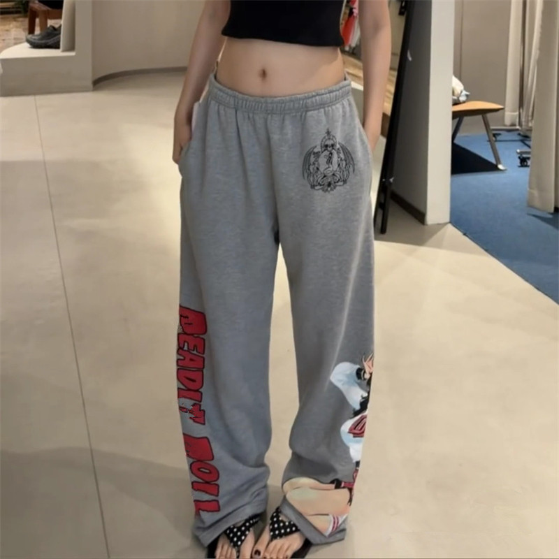 漫画少女印花松紧腰运动卫裤女夏季小众设计感美式复古长裤阔腿裤