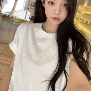 袖 小众韩版 子固定卷边短袖 新款 宽松百搭休闲上衣潮 T恤女夏季 樊樊