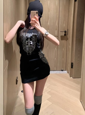 鸢尾花重工烫钻弹力连衣裙女夏季小众纯欲修身显瘦中长款辣妹背心