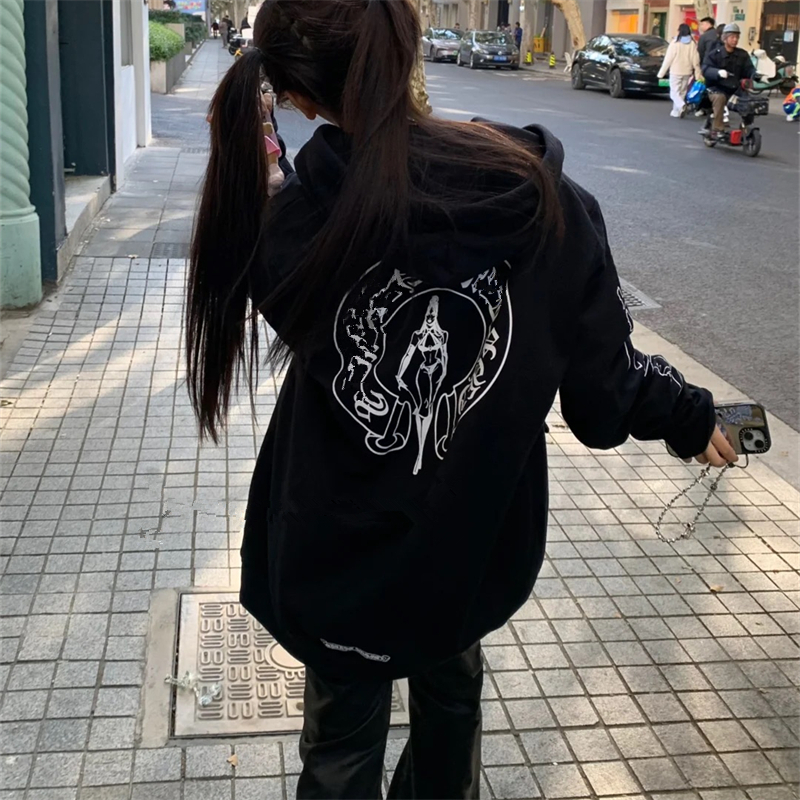 宝剑卡通辣妹印花连帽卫衣男女秋冬新款拉链开衫美式复古显瘦外套