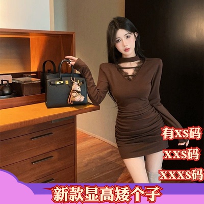 冬季女装150cm显高加小码XXXS小矮个子V领蕾丝加厚加绒包臀连衣裙