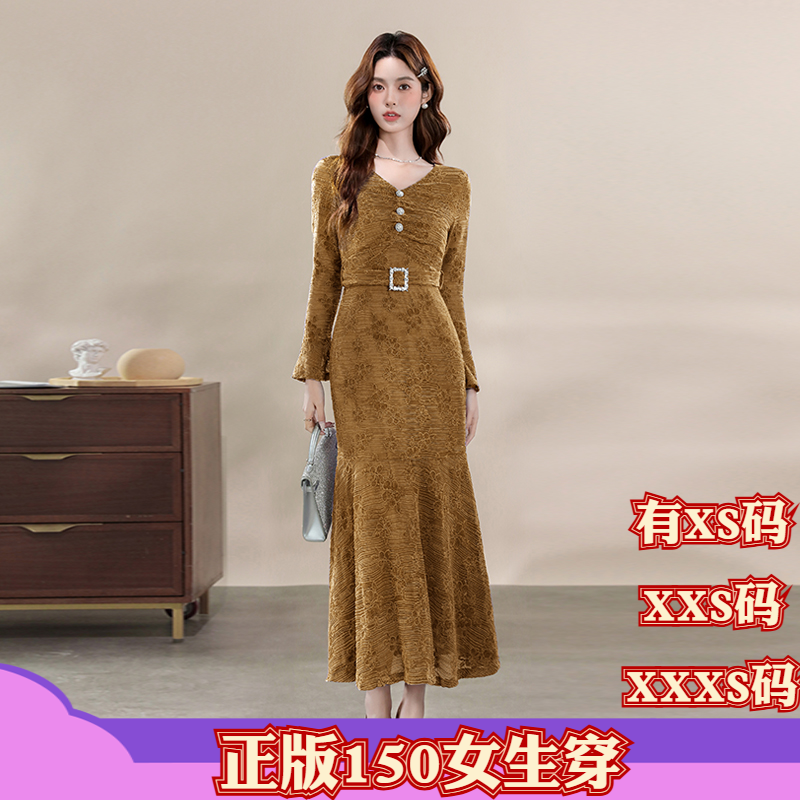 适合150cm小个子冬装显高加小码女装高端V领长袖鱼尾蕾丝连衣裙女