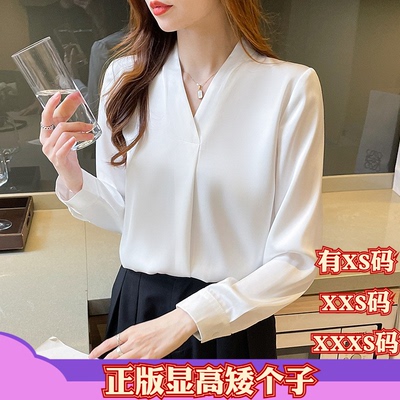 150cm加小码XXXS女装显高秋装小个子缎面上衣通勤职业长袖V领衬衫