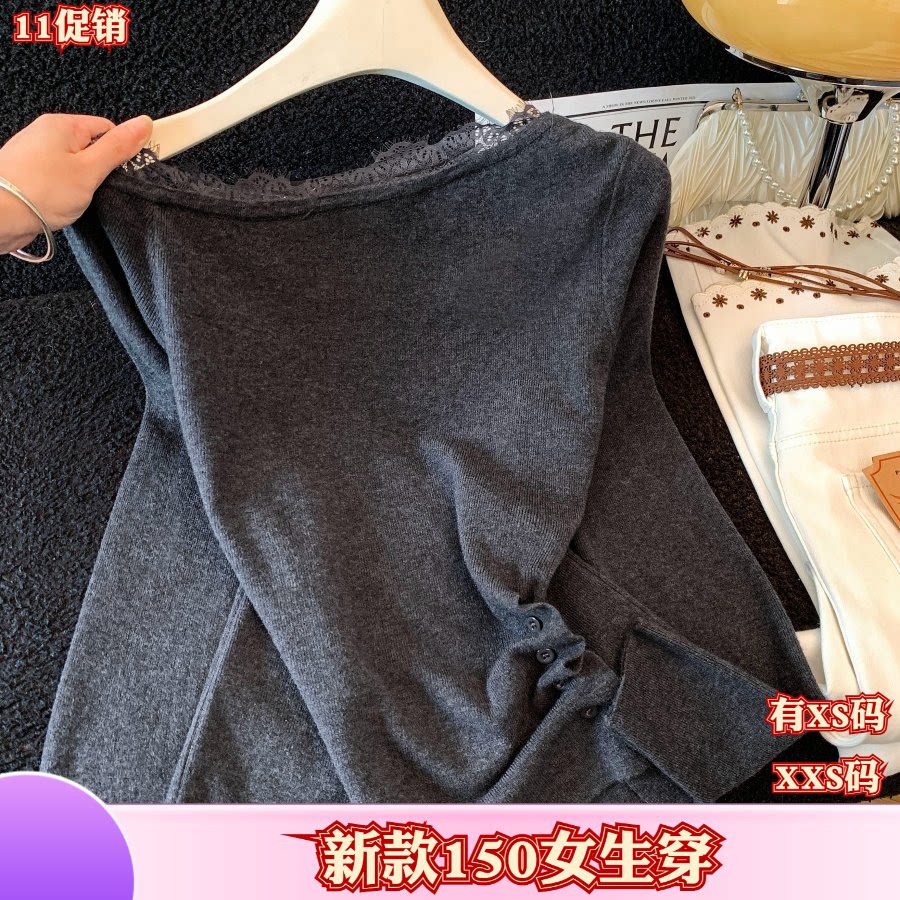 小个子加小码女装秋季150cm新款XXS纯欲蕾丝拼接露肩长袖针织衫