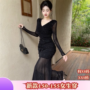 加小码XXS女装小矮个子秋装150cm新款网纱高腰抽褶收腰包臀连衣裙