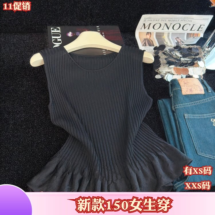 加小码XXS女装秋季150cm新款小个子无袖针织拼接蕾丝背心女辣妹