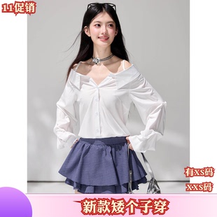 秋季女装小个子150cm新款加小码XXS一字露肩V领衬衫不规则吊带女