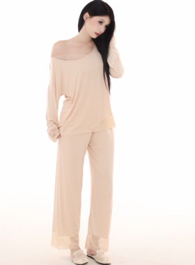 Poppaea法式高级感蕾丝边长袖长裤睡衣套装休闲舒适家居服两件套