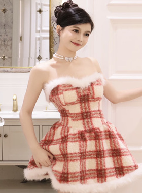 Poppaea氛围感红色修身连衣裙千金感秋冬抹胸裙圣诞新年公主裙