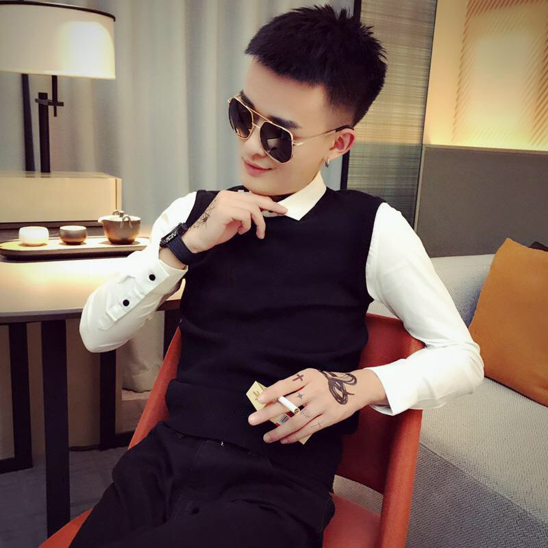 网红小伙秋冬季英伦拼接假两件