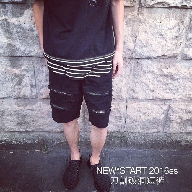 NEW*START 16ss 刀割破洞短裤 虎纹迷彩内衬内里破坏黑色牛仔裤在类目 男装, 休闲裤中 - 来自Buy2taobao.com提供专业的淘宝代购服务