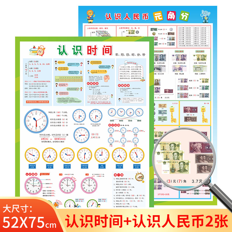 小学数学认识时间人民币钟表挂图幼小衔接知识墙贴单位换算墙画