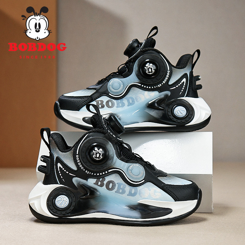 巴布豆童鞋男童2025春季新款防水皮面儿童旋转扣运动鞋男孩篮球鞋