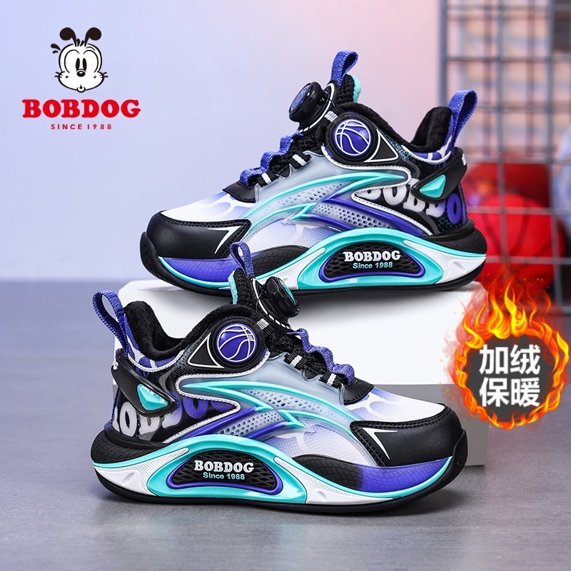 巴布豆童鞋儿童棉鞋2025秋冬季儿童篮球鞋皮面加绒保暖户外运动鞋