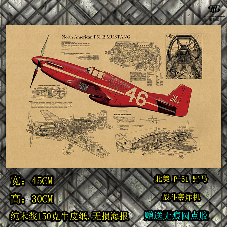 p51野马战斗机理工男军迷书房办公室墙贴工业风大尺寸飞机海报