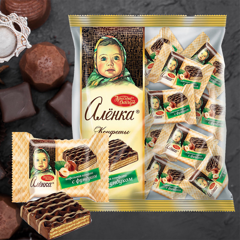 俄罗斯进口爱莲巧榛仁味威化糖果巧克力糖衣大头娃娃威化夹心饼干