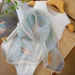 蓝色真丝长条丝巾飘带女士2026新款春夏护颈纱巾高级感窄围巾薄款