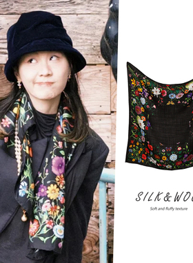 黑色真丝羊毛围巾系脖高级感配西装披肩外搭老钱风丝毛65方巾丝巾