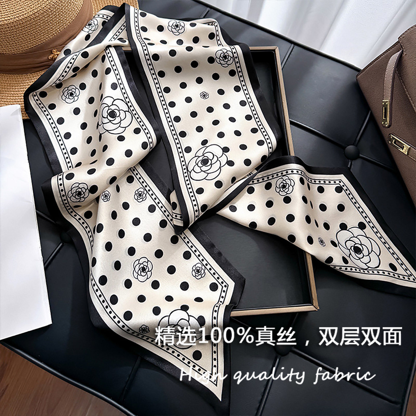 白色波点真丝长条丝巾女士2026新款高级感飘带桑蚕丝细窄围巾丝带