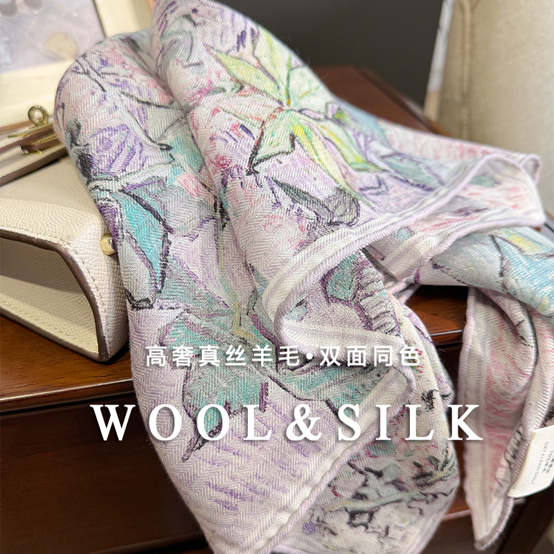 紫色油画真丝羊毛小方巾丝毛围巾