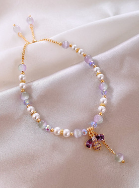紫色锆石蜜蜂猫眼珍珠手链女小众设计独特手串精致轻奢高级感首饰