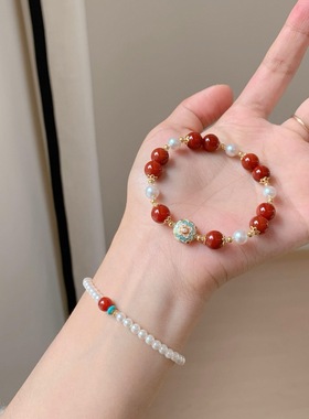 小红书同款新中式玛瑙珍珠叠戴手链女文玩珍珠南红手串高级感礼物