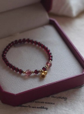 酒红色石榴石手串铃兰花草莓晶手链女新中式小众精致手饰礼物