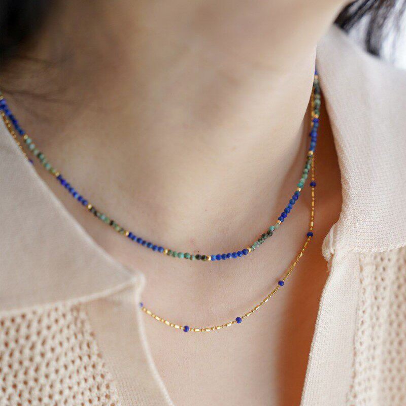 法式小众设计复古文艺绿松石青金石手工串珠简约气质项链锁骨链女