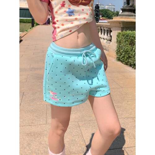 GTGA 美式潮牌波点印花抽绳三分裤女2026夏季辣妹多巴胺直筒短裤
