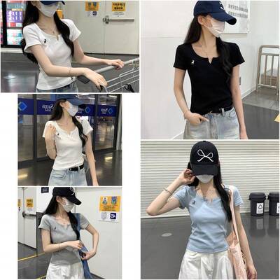 2025夏装新款正肩V领白色短袖T恤女独特漂亮超好看小衫短款上衣