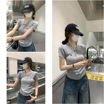 polo领灰色短袖正肩T恤女夏季2025新款衣服巨好看的夏装夏天上衣
