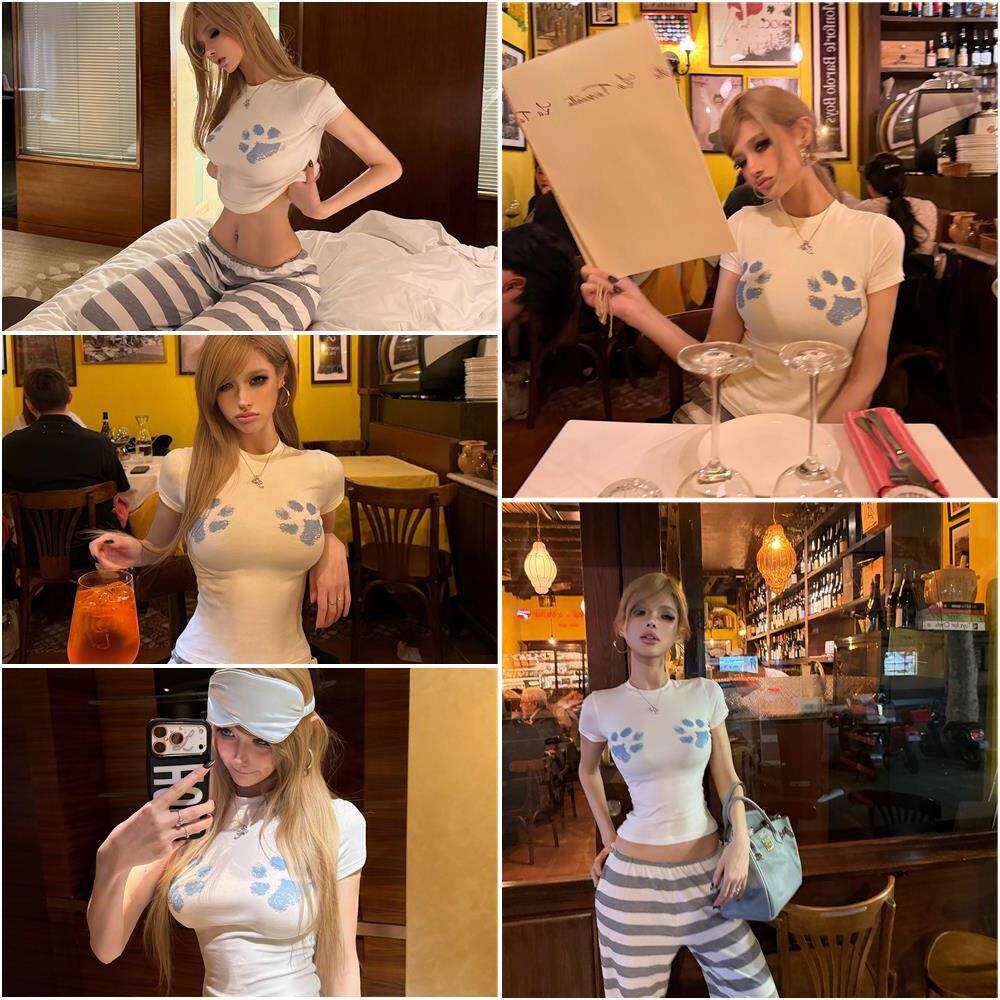 PrettyDragon美式辣妹紧身高弹短袖正肩T恤女夏可爱猫爪印花上衣
