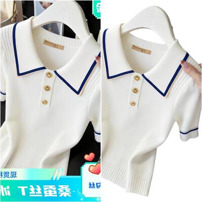 冰丝短袖t恤女2026夏季新款韩版翻领桑蚕丝针织衫短款薄减龄上衣