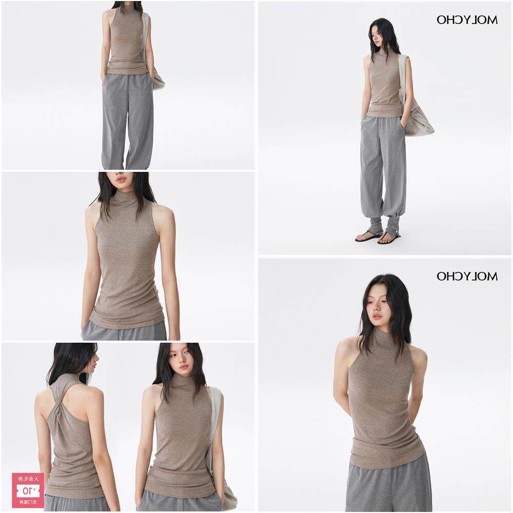 MOLYCHO|时髦辣妹_半高领无袖T恤背心女_修身设计感扭结外穿上衣