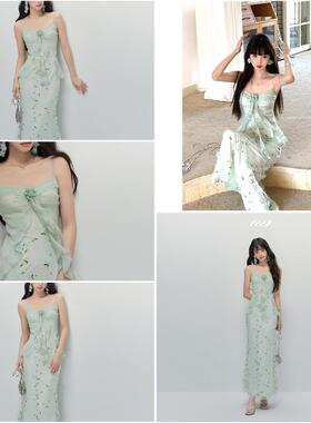 溺水三鱼NSSY海边渡假雪纺绿色洋装女夏漂亮立体碎花吊带长裙