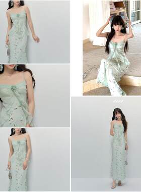 溺水三鱼NSSY海边渡假雪纺绿色洋装女夏漂亮立体碎花吊带长裙