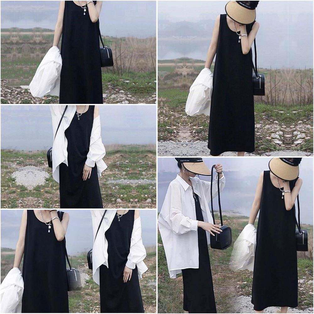宽松中长款背心连衣裙套装女夏季新款度假风防晒衬衫搭配吊带长裙