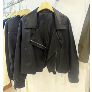 26春款 宽松拉链夹克外套机车风休闲 蛋白皮软糯黑色翻领皮衣女短款