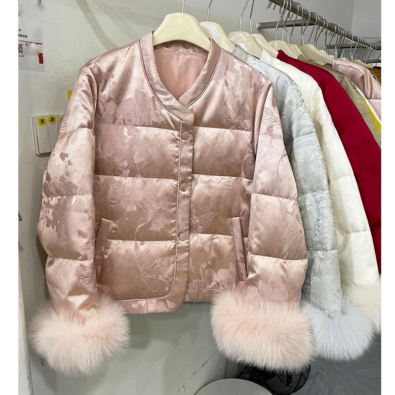国风狐狸毛袖口提花羽绒服女名媛