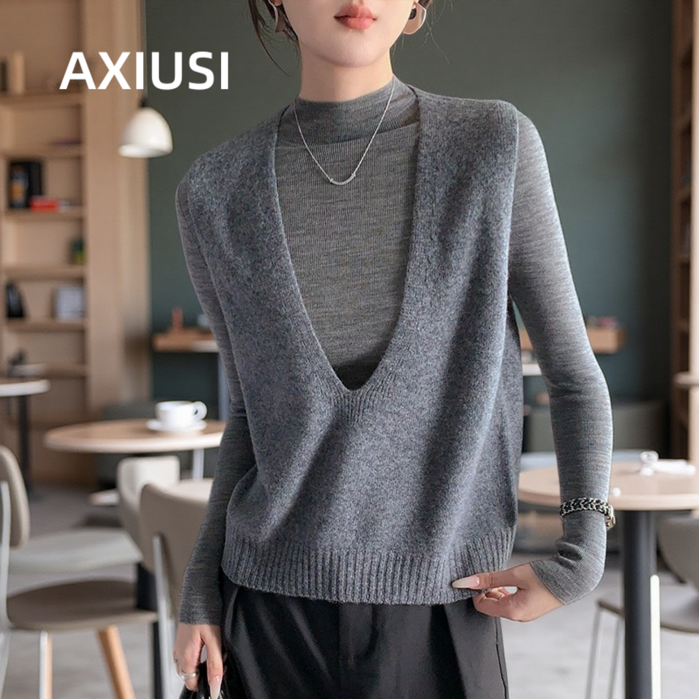 100纯羊毛针织马甲女大V领叠穿外搭毛衣2025春秋新款无袖宽松背心