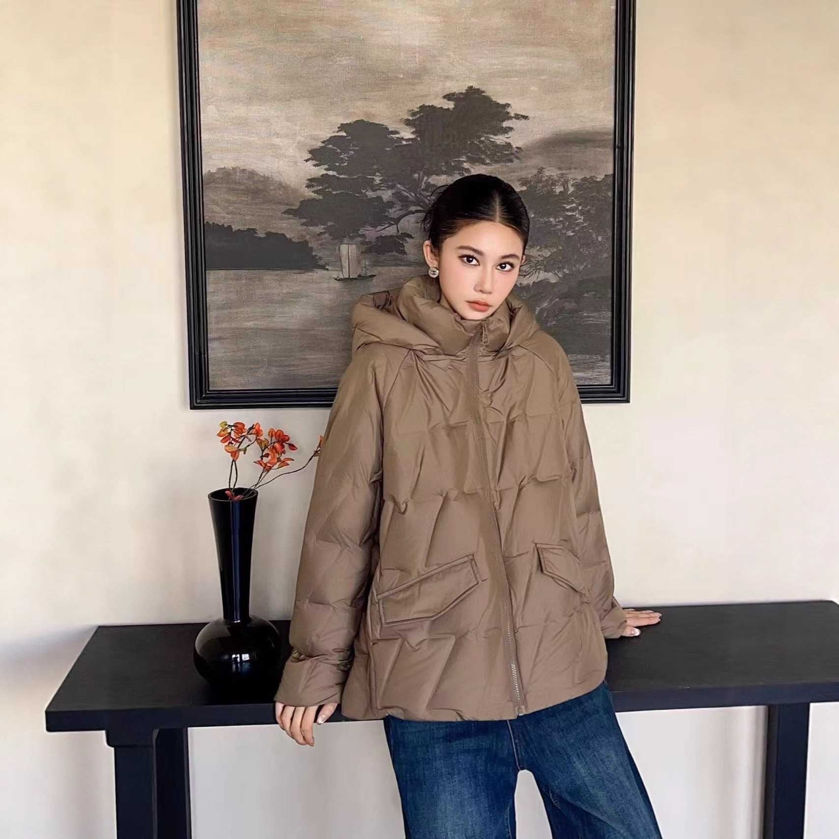欧货连帽白鸭绒羽绒服女短款外套