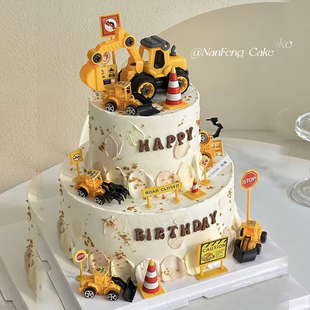 饰吊车挖机挖掘机推土机挖土机路障配件 工程车小男孩生日蛋糕装