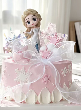 粉色冰雪公主小女孩蛋糕装饰白色丝带雪花亚克力城堡梦幻泡泡球