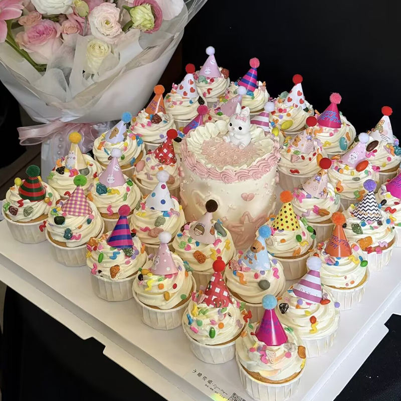 小朋友幼儿园班级生日纸杯蛋糕装饰插件小熊花朵彩虹蜡烛小帽子