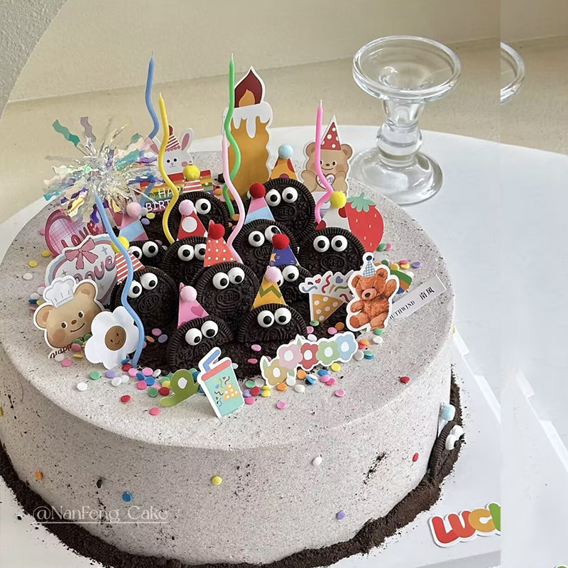 彩虹咸奶油澳利奥蛋糕装饰插件HBD迷你三角帽礼花冰激凌蜡烛插件