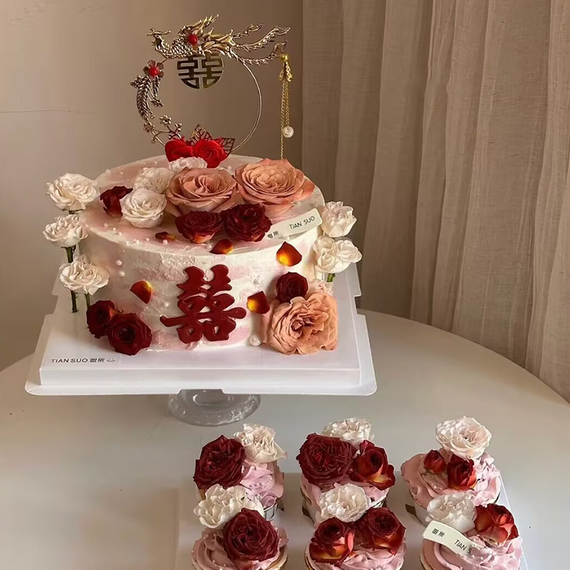 结婚凤凰石榴喜字鲜花蛋糕装饰插件囍字模具婚礼订婚甜品台配件