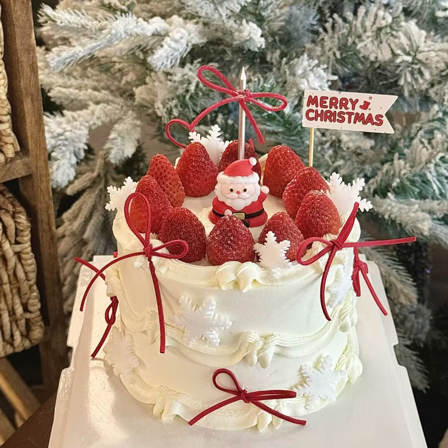 圣诞草莓蛋糕装饰配件细丝带蝴蝶结樱桃雪屋圣诞老人圣诞树插牌