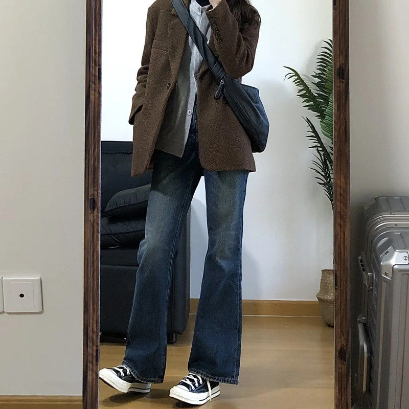 2025新款加厚绒牛仔裤女小个子胖mm大码直筒微喇叭裤不贴腿阔腿裤